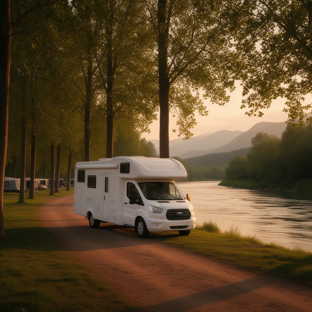 Campervan at a riverside campsite in evening light — illustration