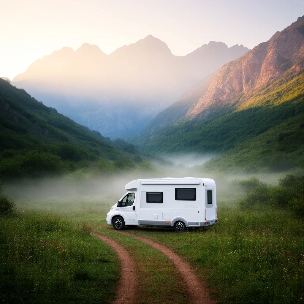 Campervan in a green valley with morning mist — illustration