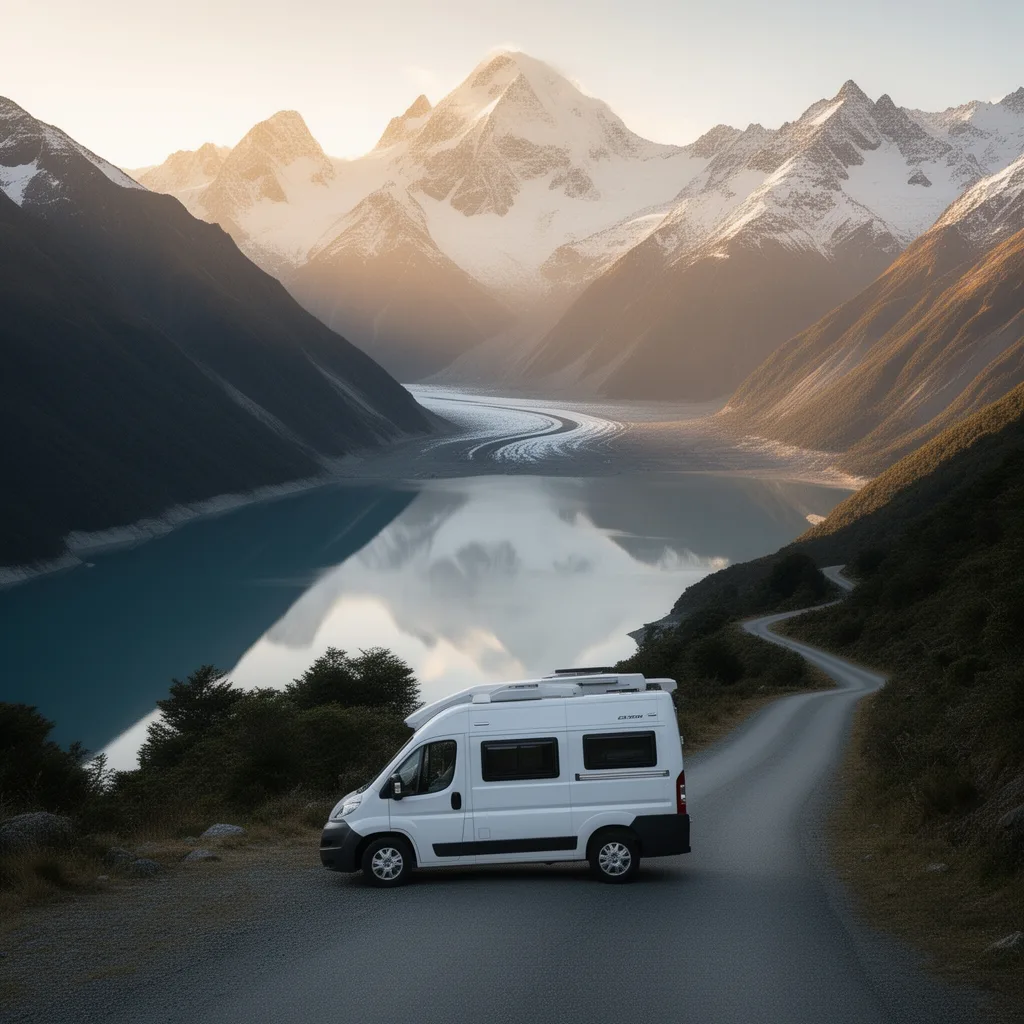 Campervan on a mountain road — illustration