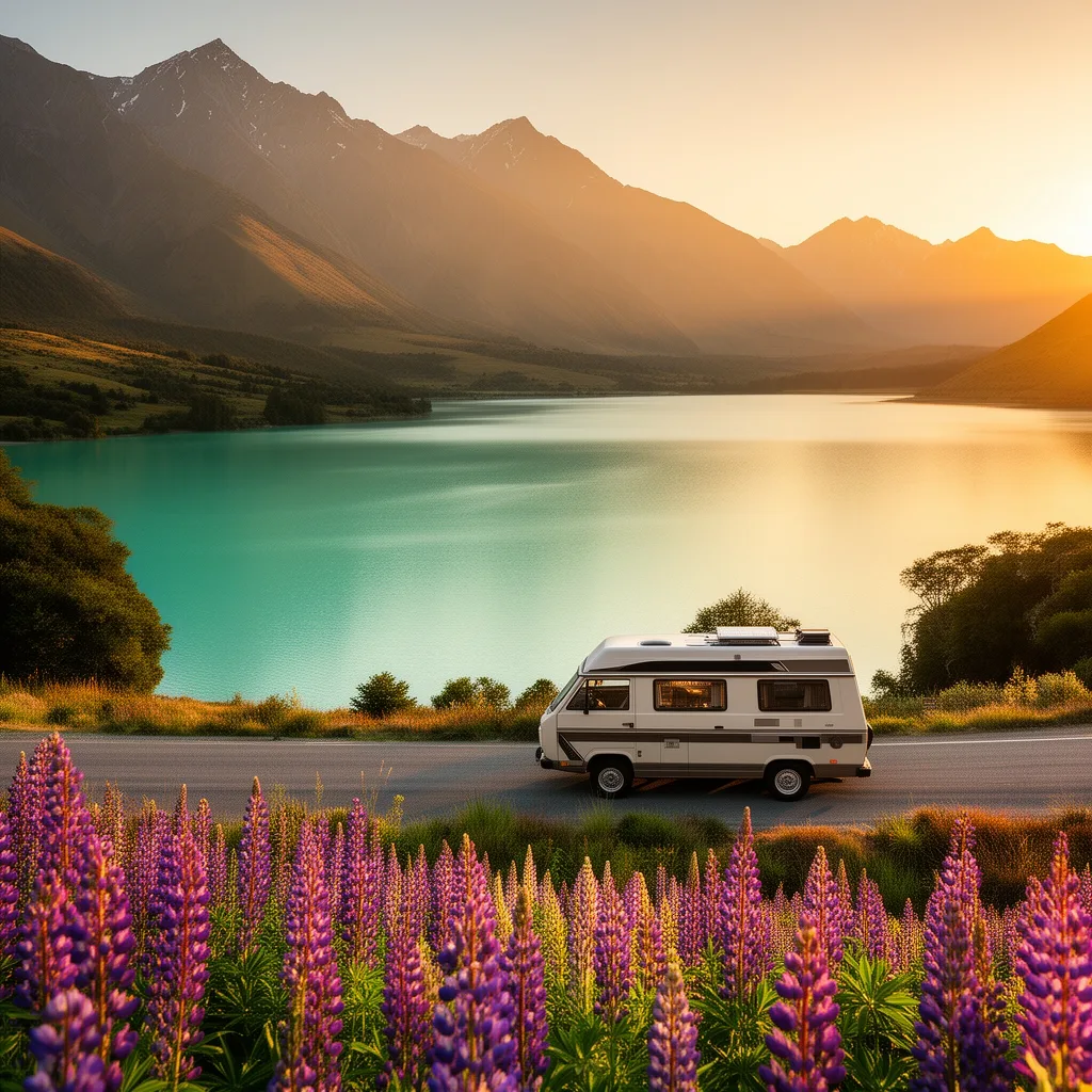 Campervan beside a turquoise lake with lupins — illustration