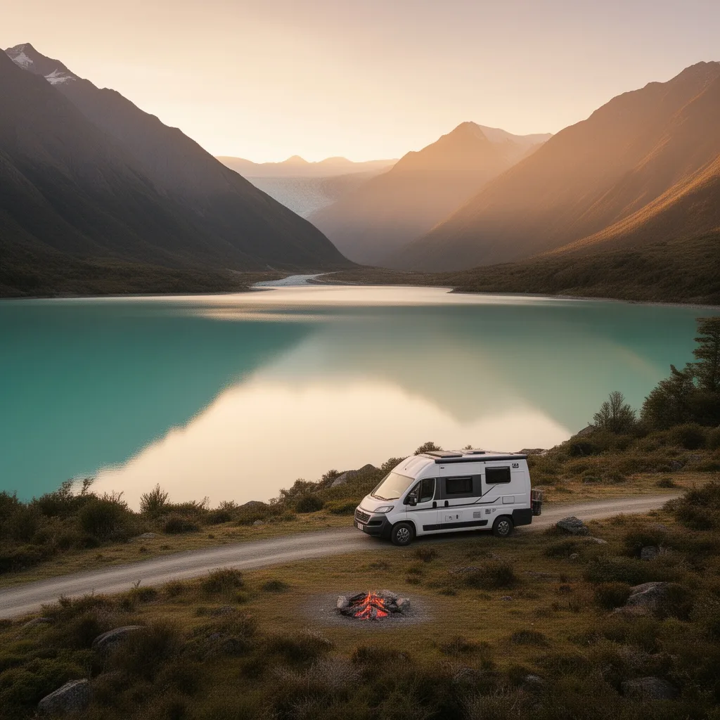 Campervan parked by a lake at dawn — illustration